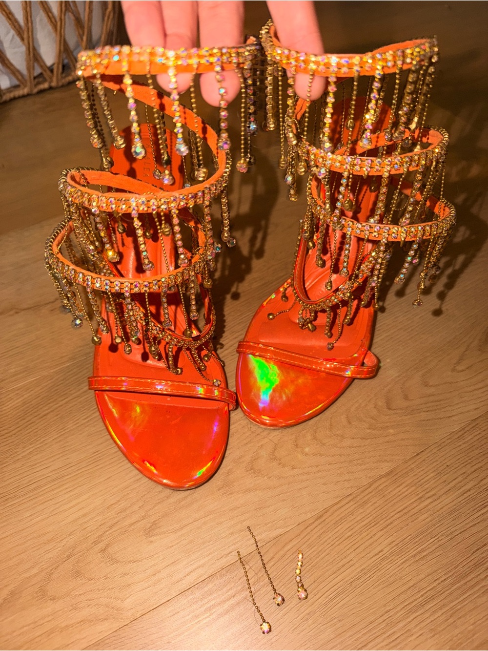 Azalea Wang Orange Embellished Crystal Fringe High Heels